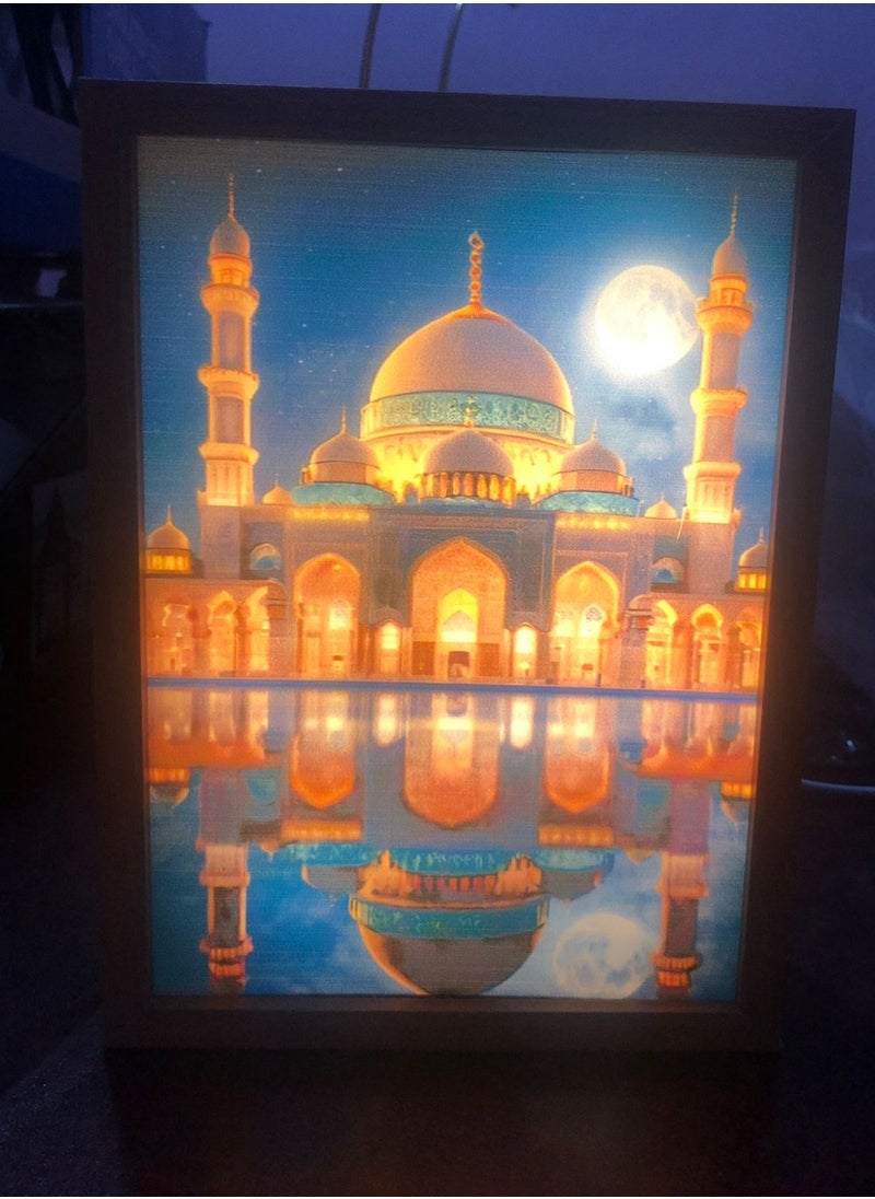 Generic - Mosque desk lamp, wooden illuminated panel, size 14 * 19 cm, panel with Ramadan shapes, works with a USB connection. You can control the lighting from the connection. It is equipped with 3 lights, white, yellow and warm. - Image 1