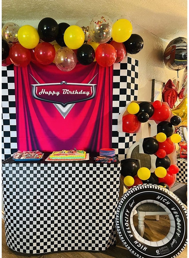 GYA 8X6Ft Car Black White Grid Red Birthday Themed Backdrops Racing Flag Red Photo Backgrounds For Photography Happy Birthday Party Banner Photo Booth Props - Image 2