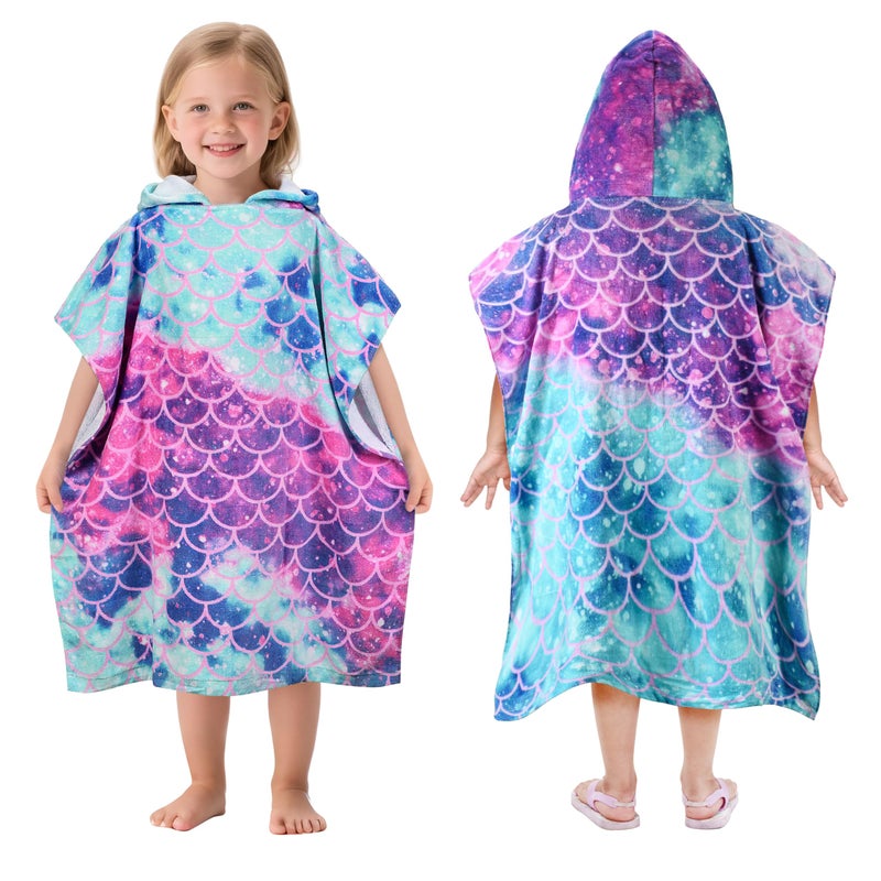 Tirrinia Mermaid Poncho Towels for Kids Surf Beach Bath Swim Hooded Towels for 27 Years Girls Toddler Gift 24 by 52inch 100 Cotton Multicolor - Image 2