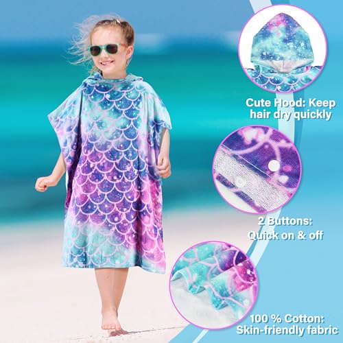 Tirrinia Mermaid Poncho Towels for Kids Surf Beach Bath Swim Hooded Towels for 27 Years Girls Toddler Gift 24 by 52inch 100 Cotton Multicolor - Image 3