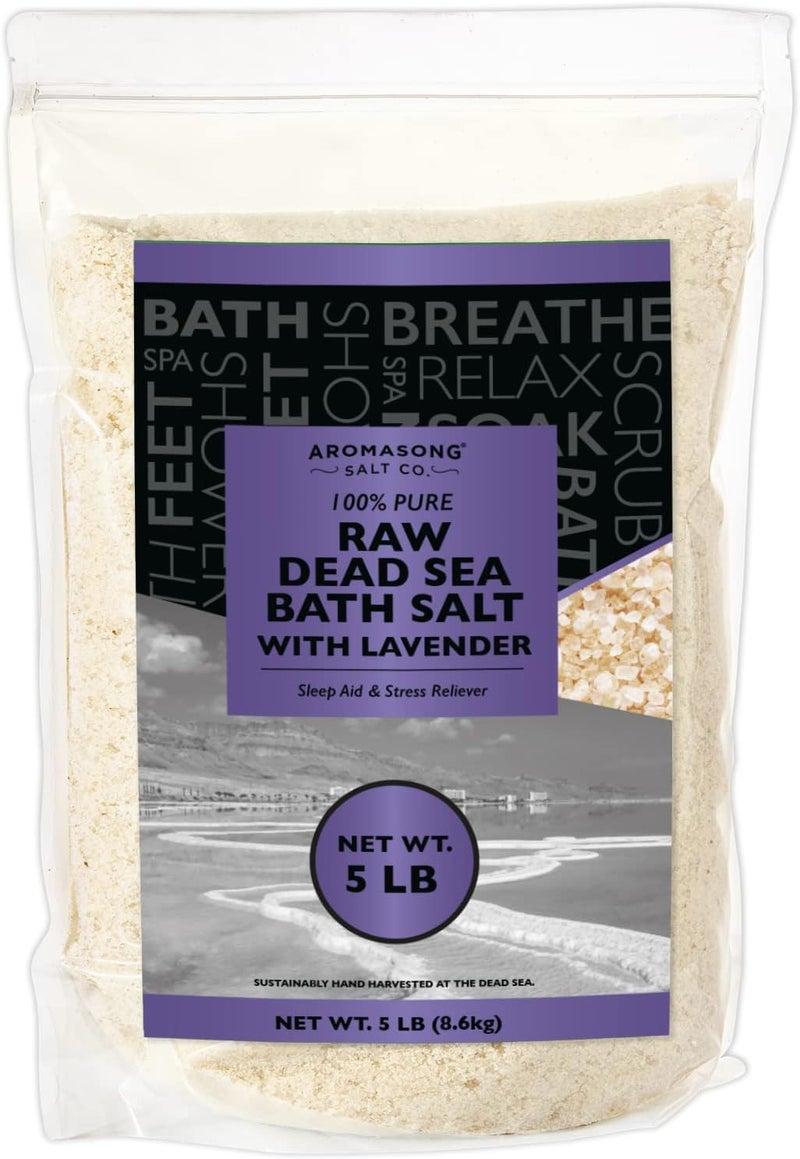 Aromasong RAW Dead Sea Salt with 100 Natural Lavender 5 Lb Not Cleaned Still Contains All Dead Sea Minerals Including Dead Sea Mud Fine Medium Grain Large Resealable Bulk Pack