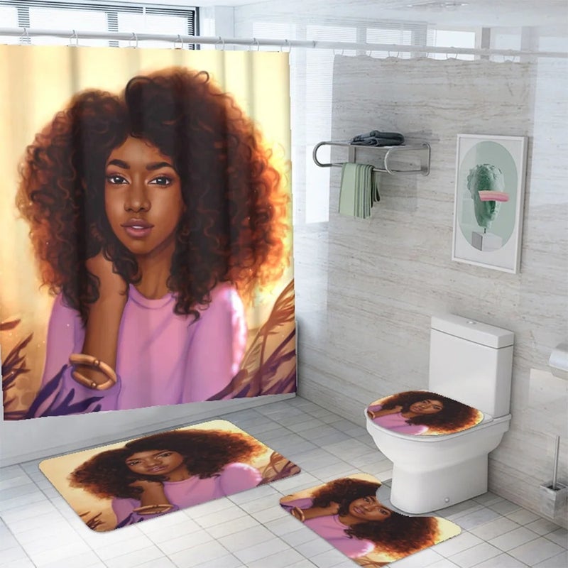 Y&D Digital Printing Waterproof Shower Curtain Bathroom Africa Woman Three-piece Set European and American Black Girls Bath Curtain - Image 2