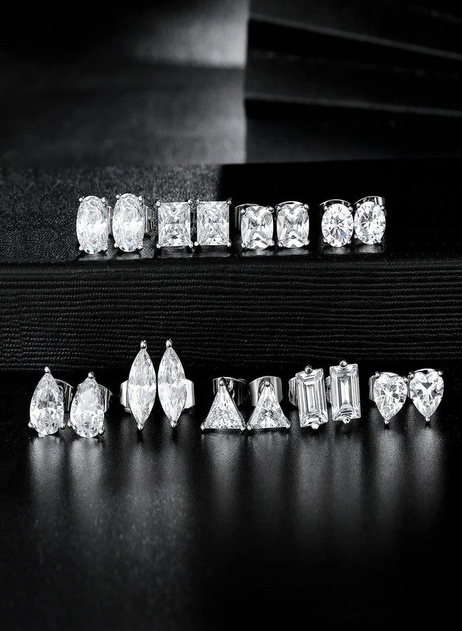 MDFUN 9 Pairs 18K White Gold Plated Stud Earrings Set for Women, Cubic Zirconia Earrings Studs, CZ Diamond Jewelry Hypoallergenic, Round Square Teardrop Eye Heart Cut, Size 6-11mm - Image 4