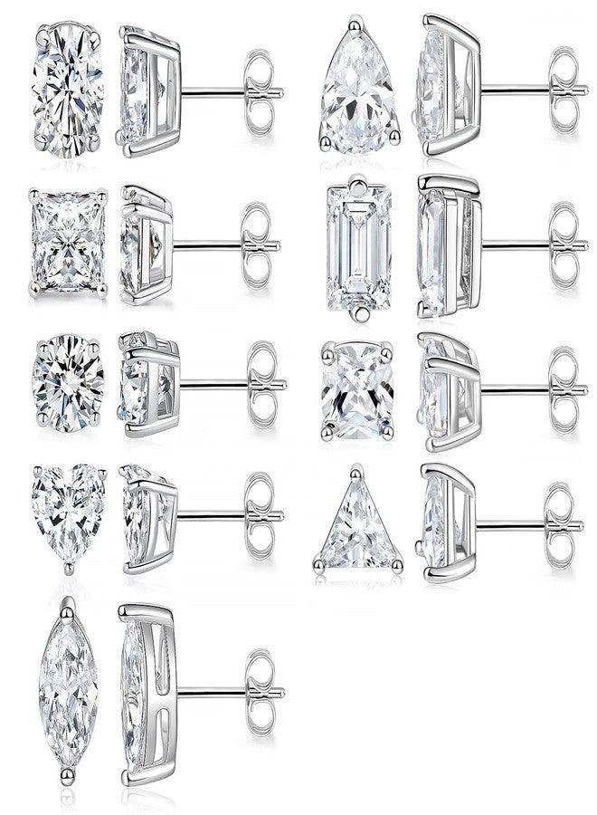 MDFUN 9 Pairs 18K White Gold Plated Stud Earrings Set for Women, Cubic Zirconia Earrings Studs, CZ Diamond Jewelry Hypoallergenic, Round Square Teardrop Eye Heart Cut, Size 6-11mm - Image 1