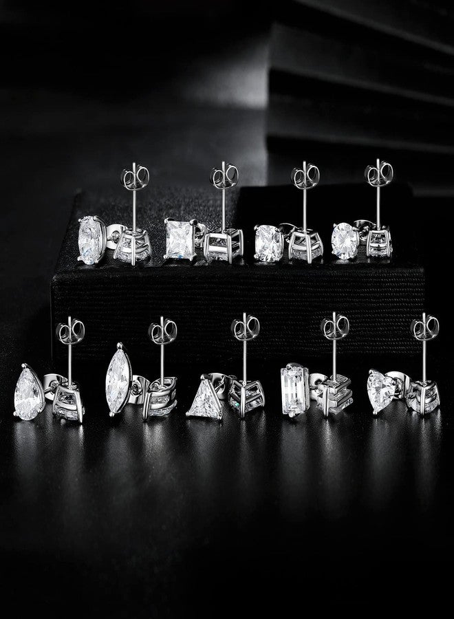MDFUN 9 Pairs 18K White Gold Plated Stud Earrings Set for Women, Cubic Zirconia Earrings Studs, CZ Diamond Jewelry Hypoallergenic, Round Square Teardrop Eye Heart Cut, Size 6-11mm - Image 3
