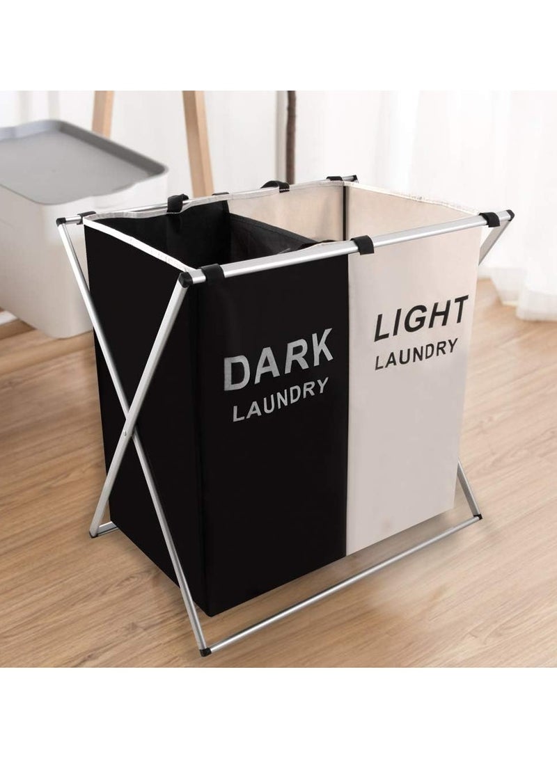 DubaiGallery Laundry Basket 2 Section Hamper Washing Storage Basket Bag Folding Hamper Waterproof & Aluminum X-Frame Cloth Organizer Durable Laundry Basket for Bathroom Home with Carrying Handle - Image 3