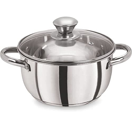 Pristine Stainless Steel Tri Ply Induction Base Cook n Serve Casserole with Glass Lid, 18cm, (2.25L, Silver) - Image 1