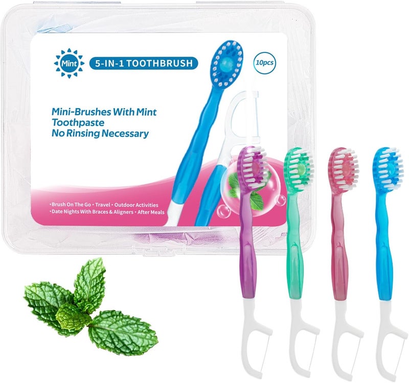 LINJIE Mini Travel Toothbrush, 5 in 1 Mini Disposable Toothbrushes, Individually Wrapped Box for On-The-Go, Camping, Work (Mixed flavors,10 Count） - Image 1