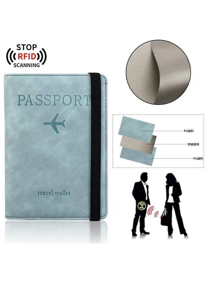 حافظة غطاء محفظة حامل جواز السفر ، حافظة جواز السفر مع حجب RFID ، حامل مستندات السفر المصنوع من جلد البولي يوريثان لإكسسوارات السفر للرجال والنساء (أزرق) - Image 1