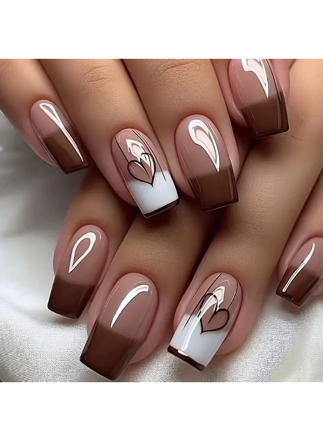 Goolsky Premium Medium-Long Square Press-on Nails with Brown Gradient & Heart Accents for Sweet Sophistication - Image 1
