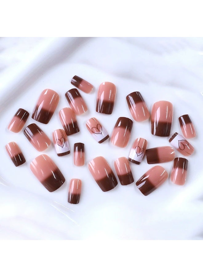 Goolsky Premium Medium-Long Square Press-on Nails with Brown Gradient & Heart Accents for Sweet Sophistication - Image 3
