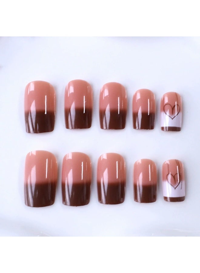 Goolsky Premium Medium-Long Square Press-on Nails with Brown Gradient & Heart Accents for Sweet Sophistication - Image 4