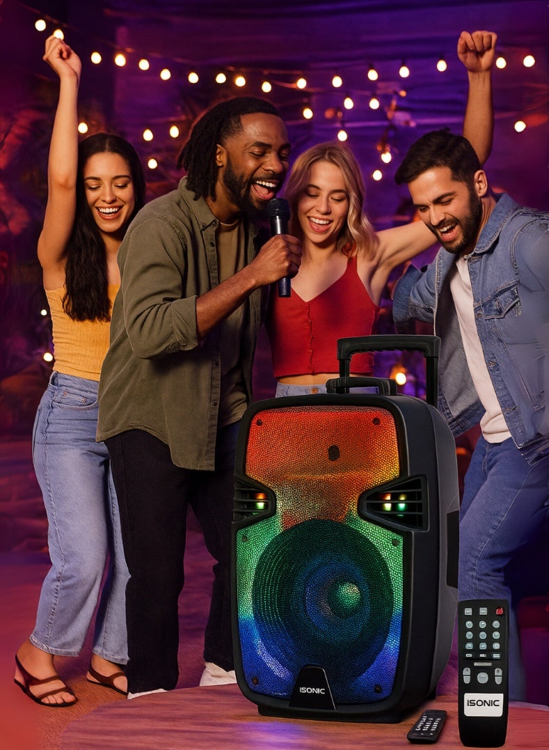 iSONIC IS484 12″ Trolley Bluetooth Speaker with 30W Subwoofer, TWS Function, Wireless Mic & Remote, Rechargeable Portable Party Speaker for Indoor & Outdoor Entertainment - Image 3