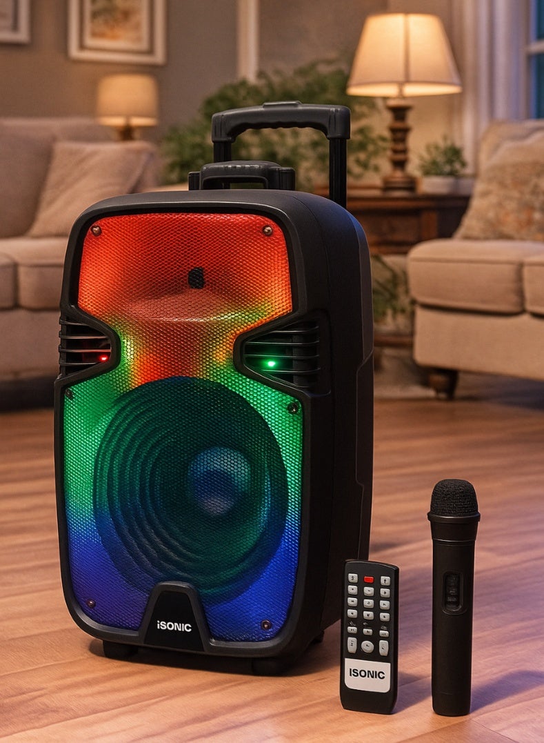iSONIC IS484 12″ Trolley Bluetooth Speaker with 30W Subwoofer, TWS Function, Wireless Mic & Remote, Rechargeable Portable Party Speaker for Indoor & Outdoor Entertainment - Image 1