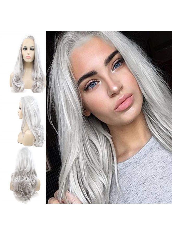 Sylvia باروكة سيلفيا رمادية فاتحة فضية بيضاء طبيعية بتجاعيد 24 بوصة باروكة صناعية بدون لاصق مع غرة جانبية باروكة نصف مربوطة بكثافة 180% مقاومة للحرارة لاستبدال الشعر للنساء - Image 1