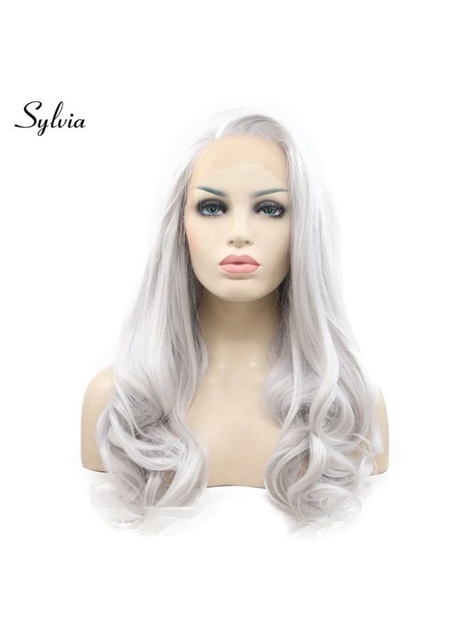 Sylvia باروكة سيلفيا رمادية فاتحة فضية بيضاء طبيعية بتجاعيد 24 بوصة باروكة صناعية بدون لاصق مع غرة جانبية باروكة نصف مربوطة بكثافة 180% مقاومة للحرارة لاستبدال الشعر للنساء - Image 2