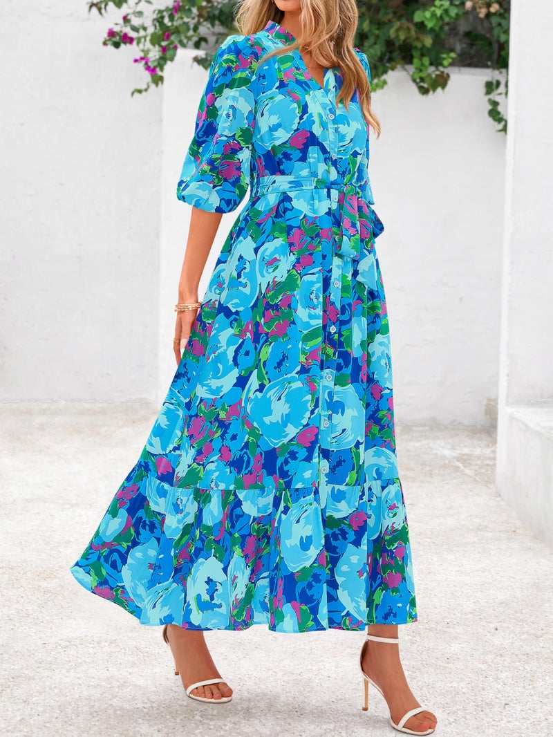 MASCOMODA Womens Floral Maxi Dresses Boho Summer Casual V Neck 3/4 Puff Sleeve Button Down Tie Waist Long Flowy Shirt Dress(Floral Blue,X-Large) - Image 3