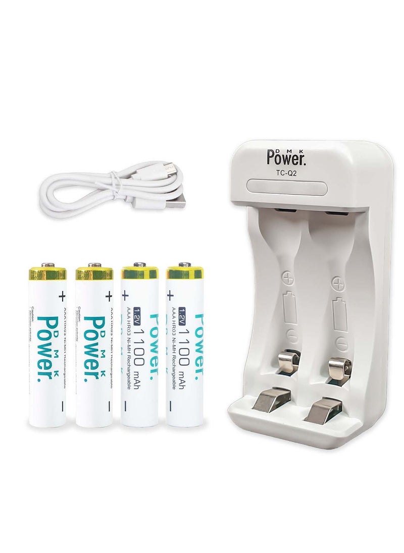 DMK Power 4pcs AAA Batteries 1.2V 1100mAh High Capacity Rechargeable Batteries and TC-Q2 AA AAA Battery Charger 2 Independent Slot Smart Fast Charger with LED Light & Micro USB Cable, Battery Charger  - Image 1