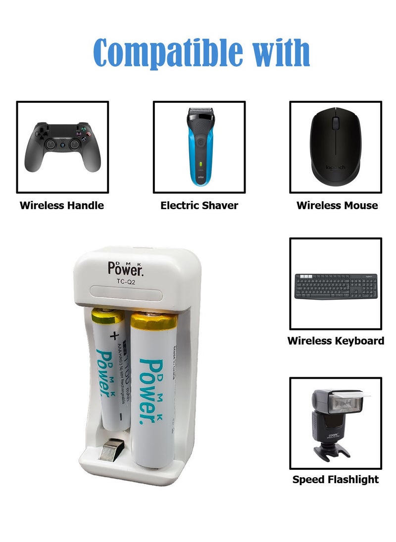 DMK Power 4pcs AAA Batteries 1.2V 1100mAh High Capacity Rechargeable Batteries and TC-Q2 AA AAA Battery Charger 2 Independent Slot Smart Fast Charger with LED Light & Micro USB Cable, Battery Charger  - Image 5