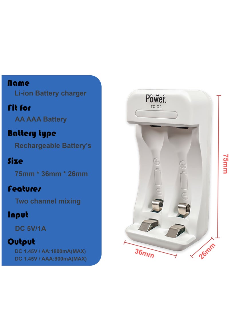 DMK Power 4pcs AAA Batteries 1.2V 1100mAh High Capacity Rechargeable Batteries and TC-Q2 AA AAA Battery Charger 2 Independent Slot Smart Fast Charger with LED Light & Micro USB Cable, Battery Charger  - Image 2