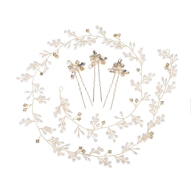Denifery Bridal Hair Vine Wedding Head Piece (Gold, Extra Long Pearl and Crystal Beads, Headband, Women, 1 Count, 1 Piece, 0.07 pounds, Gold Color, Adult Occasion, Wire Material, Hair Styling) - Image 1