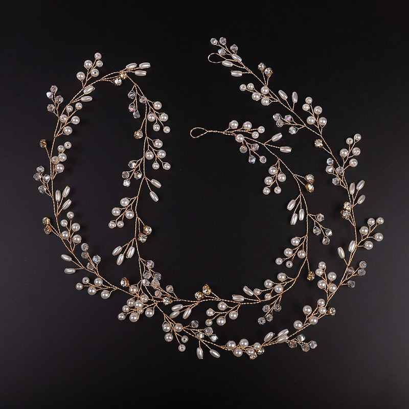 Denifery Bridal Hair Vine Wedding Head Piece (Gold, Extra Long Pearl and Crystal Beads, Headband, Women, 1 Count, 1 Piece, 0.07 pounds, Gold Color, Adult Occasion, Wire Material, Hair Styling) - Image 4