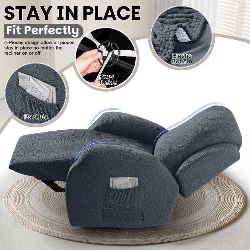 VANSOFY Recliner Chair Covers, 4-Pieces Stretch Recliner Cover Jacquard Soft Reclining Chair Slipcover Furniture Protector with Elastic Bottom for Lazy Boy Recliner(Gray) - Image 3