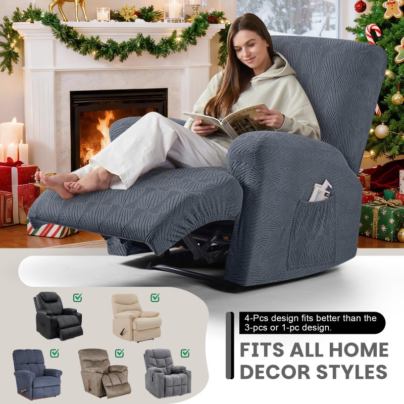VANSOFY Recliner Chair Covers, 4-Pieces Stretch Recliner Cover Jacquard Soft Reclining Chair Slipcover Furniture Protector with Elastic Bottom for Lazy Boy Recliner(Gray) - Image 5