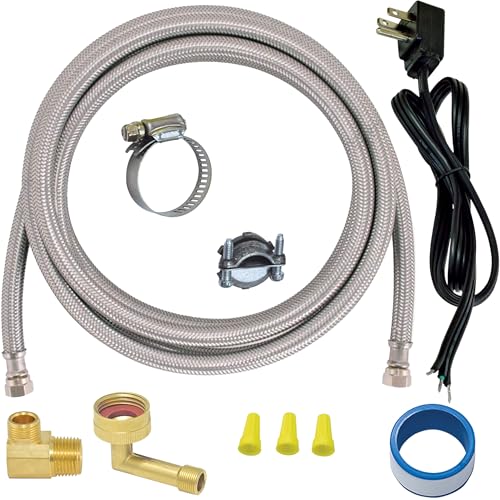 Eastman 6 Ft. Dishwasher Installation Kit, Braided Stainless Steel Supply Line with 3/8 Inch Compression Ends, 3-Prong Angled Power Cord, 48337N - Image 1