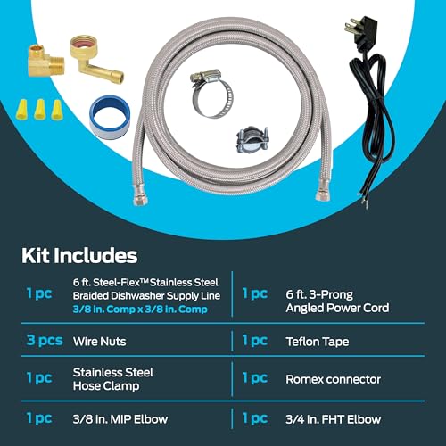 Eastman 6 Ft. Dishwasher Installation Kit, Braided Stainless Steel Supply Line with 3/8 Inch Compression Ends, 3-Prong Angled Power Cord, 48337N - Image 3
