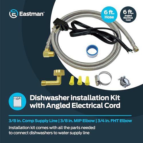 Eastman 6 Ft. Dishwasher Installation Kit, Braided Stainless Steel Supply Line with 3/8 Inch Compression Ends, 3-Prong Angled Power Cord, 48337N - Image 2