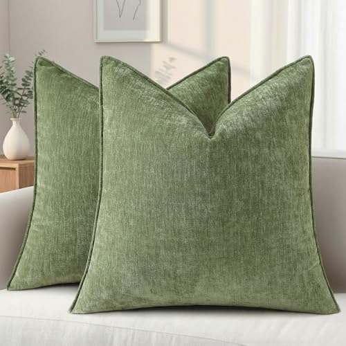 decorUhome Summer Couch Euro Sham Throw Pillow Covers 24x24 Set of 2 Decorative Soft Velvet Modern Cozy Chenille Pillow Cases with Elegant Design for Sofa Bed Living Room Home Decor Olive Green - Image 1
