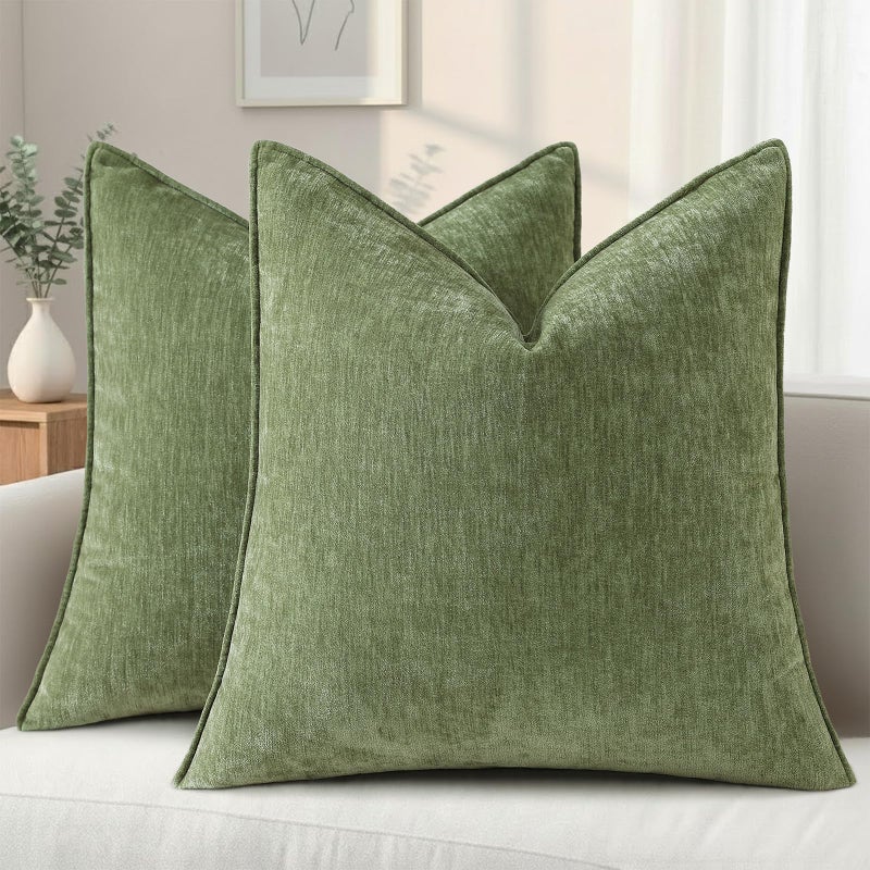 decorUhome Summer Couch Euro Sham Throw Pillow Covers 24x24 Set of 2 Decorative Soft Velvet Modern Cozy Chenille Pillow Cases with Elegant Design for Sofa Bed Living Room Home Decor Olive Green - Image 2