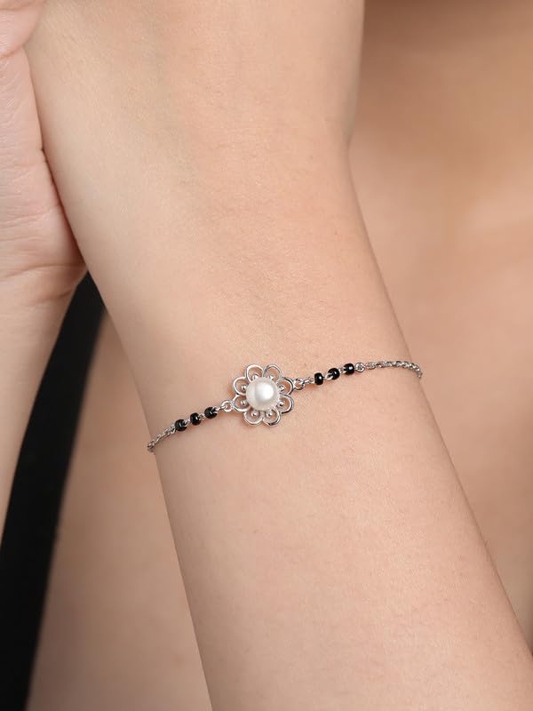 Clara 925 Sterling Silver Zaba Pearl Hand Mangalsutra Adjustable Bracelet With Black Beads Chain | Platinum Plated, Swiss Zirconia | Gift For Women - Image 4