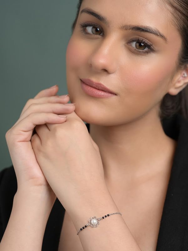 Clara 925 Sterling Silver Zaba Pearl Hand Mangalsutra Adjustable Bracelet With Black Beads Chain | Platinum Plated, Swiss Zirconia | Gift For Women - Image 3