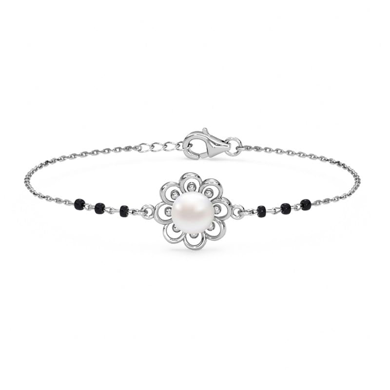Clara 925 Sterling Silver Zaba Pearl Hand Mangalsutra Adjustable Bracelet With Black Beads Chain | Platinum Plated, Swiss Zirconia | Gift For Women - Image 1