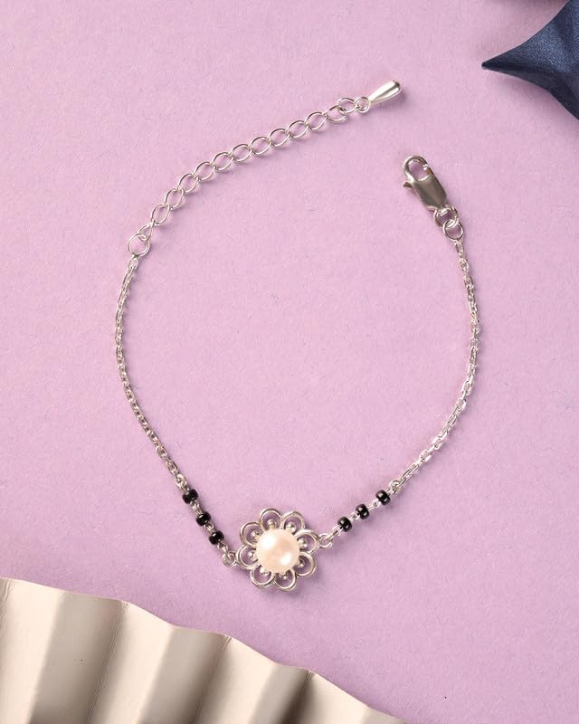 Clara 925 Sterling Silver Zaba Pearl Hand Mangalsutra Adjustable Bracelet With Black Beads Chain | Platinum Plated, Swiss Zirconia | Gift For Women - Image 2