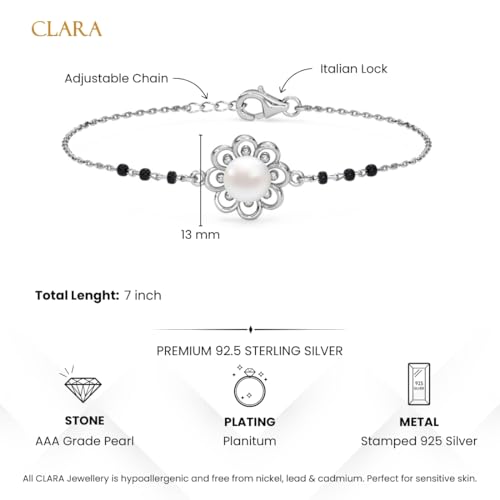 Clara 925 Sterling Silver Zaba Pearl Hand Mangalsutra Adjustable Bracelet With Black Beads Chain | Platinum Plated, Swiss Zirconia | Gift For Women - Image 5