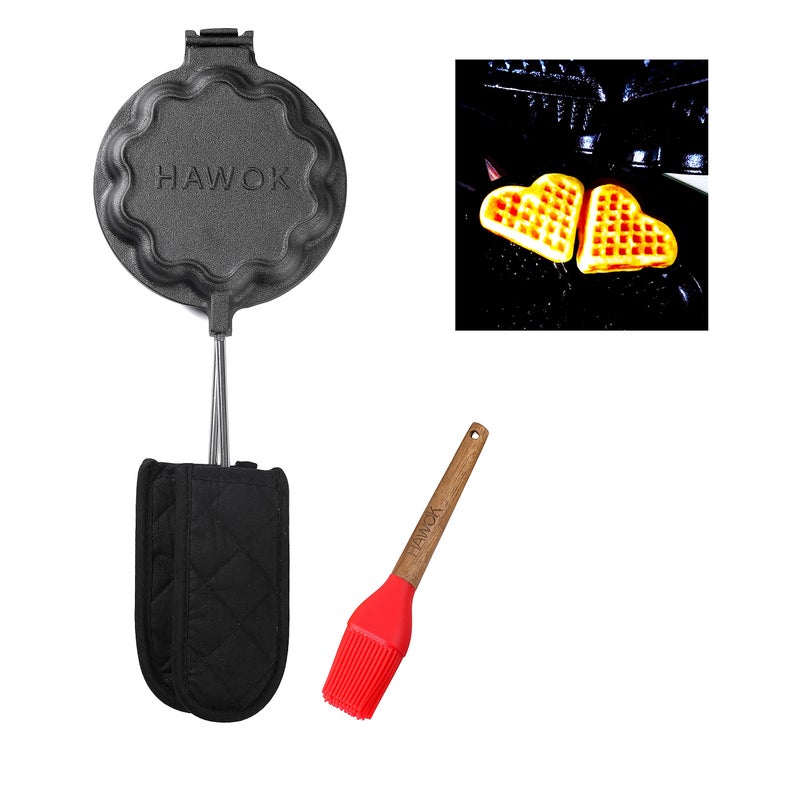 HAWOK HAWOK Cast Iron Waffle Heart Shape Maker with Handle Hoder and Basting Brush 