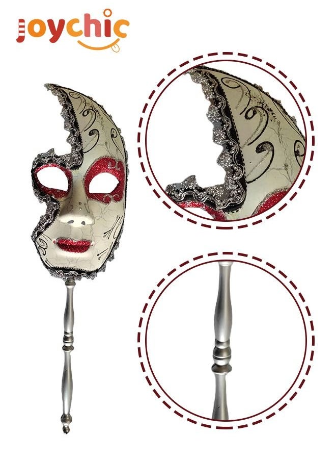Joychic - Red Makeup Mask with Stick for Venetian Masquerade Prom Party Accessory White - Image 1