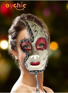 Red Makeup Mask with Stick for Venetian Masquerade Prom Party Accessory White