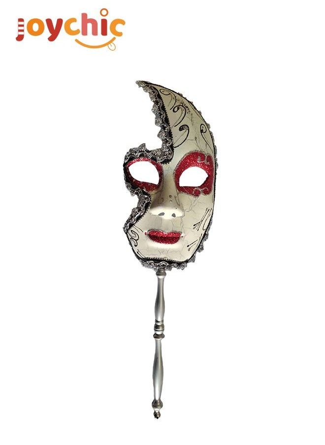 Joychic - Red Makeup Mask with Stick for Venetian Masquerade Prom Party Accessory White - Image 1