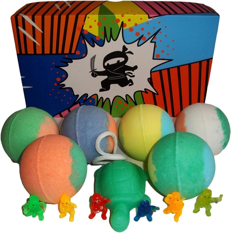 Kids Bath Bombs with A Surprise Ninja Toy Inside Turtle SOAP ON The Rope Colored XL Bath Bombs Kid Safe Designed for Boys with Organic Essential Oils