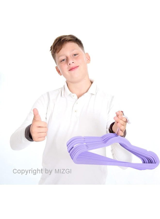 MIZGI MIZGI Premium Kids Velvet Hangers 50 Pack 14" inch Light Purple Rose Gold Hooks, Space Saving, Nonslip Huggable Hangers for Petite Junior Children's Skirt Dress Pants, Clothes Hangers  - Image 5