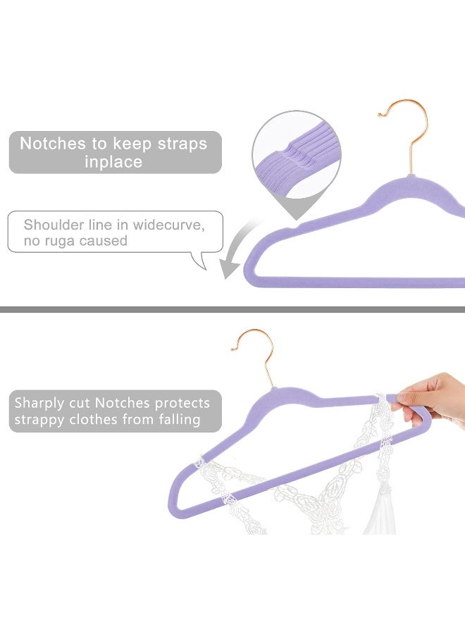MIZGI MIZGI Premium Kids Velvet Hangers 50 Pack 14" inch Light Purple Rose Gold Hooks, Space Saving, Nonslip Huggable Hangers for Petite Junior Children's Skirt Dress Pants, Clothes Hangers  - Image 3