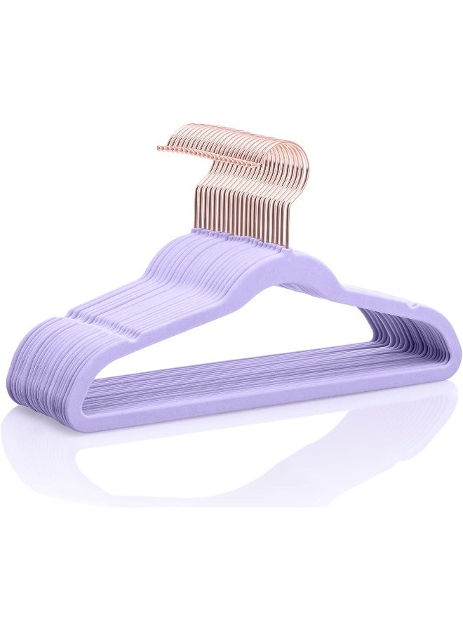 MIZGI MIZGI Premium Kids Velvet Hangers 50 Pack 14" inch Light Purple Rose Gold Hooks, Space Saving, Nonslip Huggable Hangers for Petite Junior Children's Skirt Dress Pants, Clothes Hangers  - Image 1