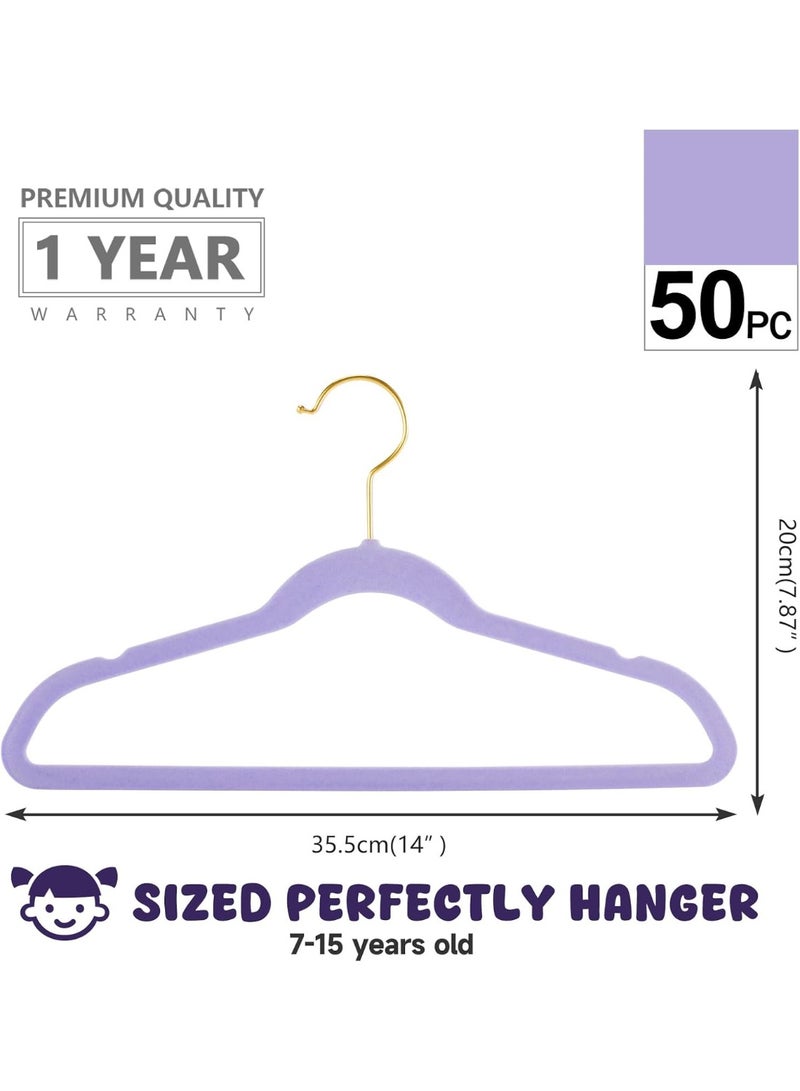 MIZGI Premium Kids Velvet Hangers 50 Pack 14" inch Light Purple Rose Gold Hooks, Space Saving, Nonslip Huggable Hangers for Petite Junior Children's Skirt Dress Pants, Clothes Hangers - Image 4