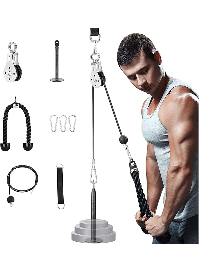 erorex Pulley System Gym, Home Cable Pulley System With Silent Pulley, Tricep Rope, 2M Cables, Loading Pin, 3 Carabiner And Hanging Strap, Home Gym Equipment For Lat Pulldown And Triceps Extension - Image 1