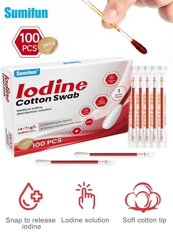 سوميفون 100 قطعة أعواد قطنية يودوفور للاستخدام مرة واحدة للتعقيم في حالات الطوارئ، أعواد قطنية يودوفور معبأة بشكل فردي، لتنظيف الجروح والبشرة والكدمات والاستخدام المنزلي والخارجي والسفر والرياضة وحالات الطوارئ - Image 1