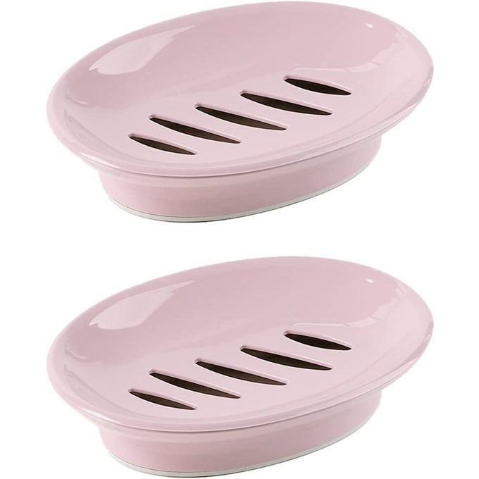 2PACK SOAP DISH WITH DRAIN PLASTIC SPONGE HOLDER EASY CLEANING SOAP SAVER TRAY CADDY KEEP DRY STOP MUSHY FOR SHOWER BATHROOM KITCHENPINK
